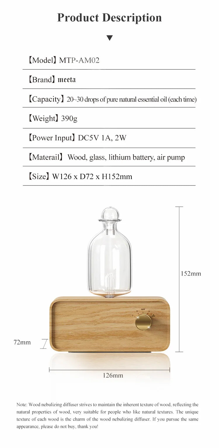 Waterless Wood and Glass Essential Oil Aromatherapy Diffuser