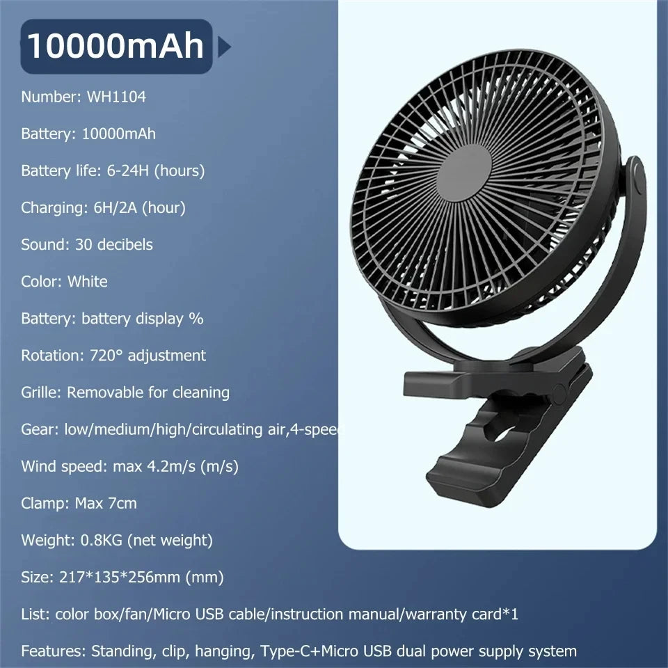 Portable Rechargeable Clip-On Desk Fan with 10000mAh Battery