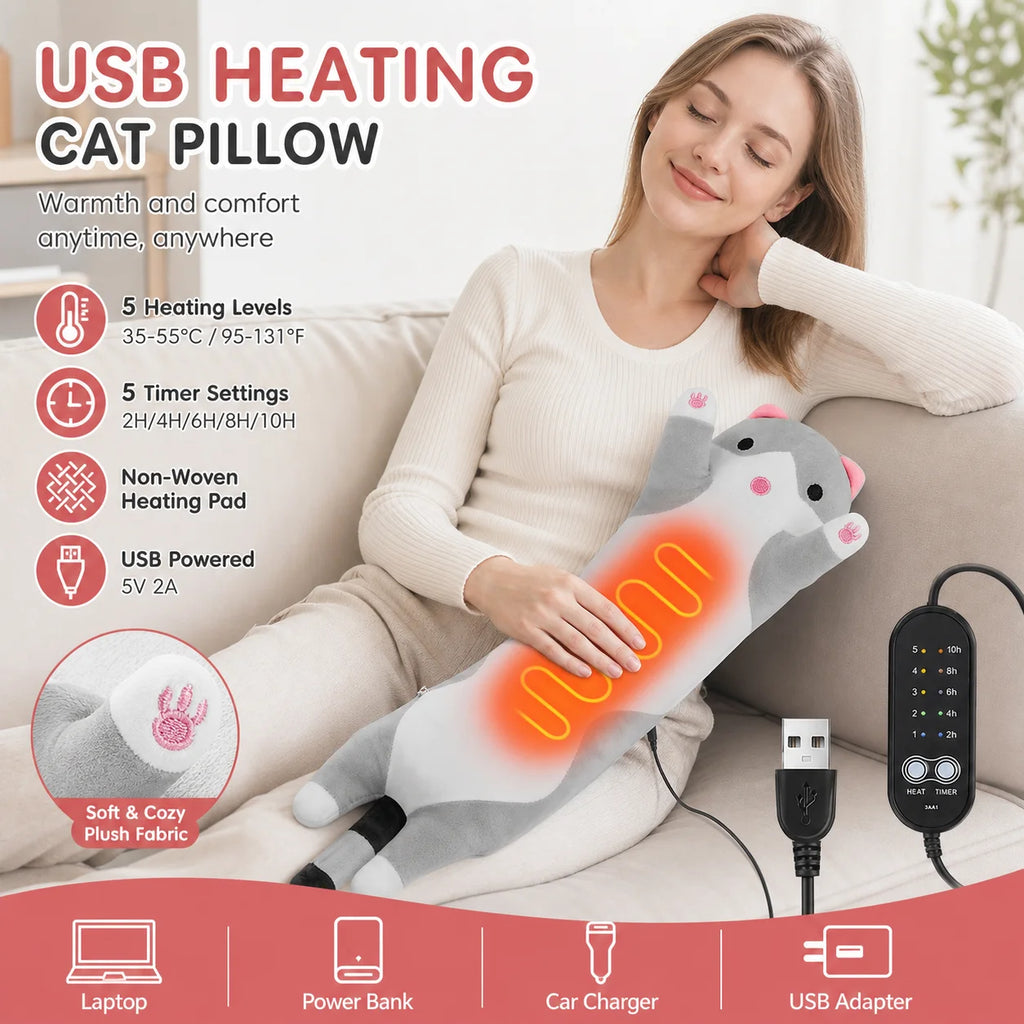 USB Heated Cat Plush Pillow with 5 Heat Settings and Timer