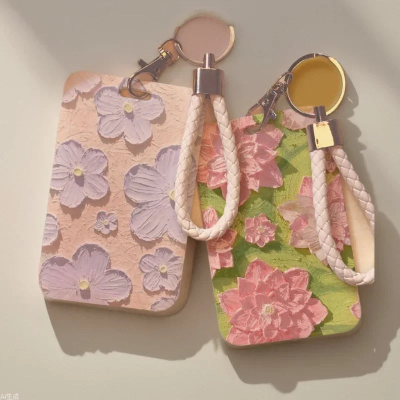 Floral Pattern ID Card Holder with Keychain