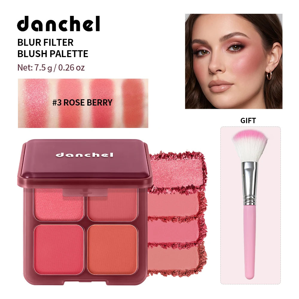 4-Color Matte Pigmented Blush Palette with Makeup Brush