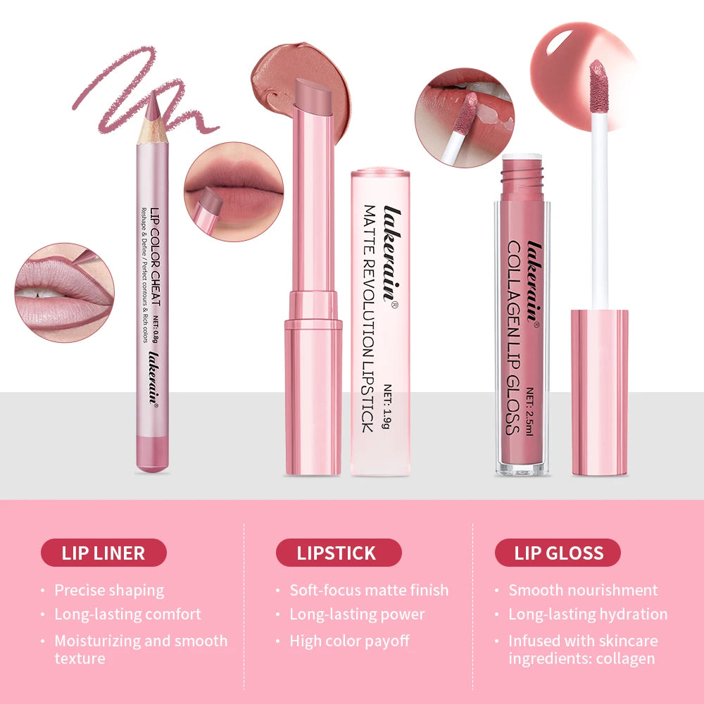 3-Piece Waterproof Matte Lip Makeup Set