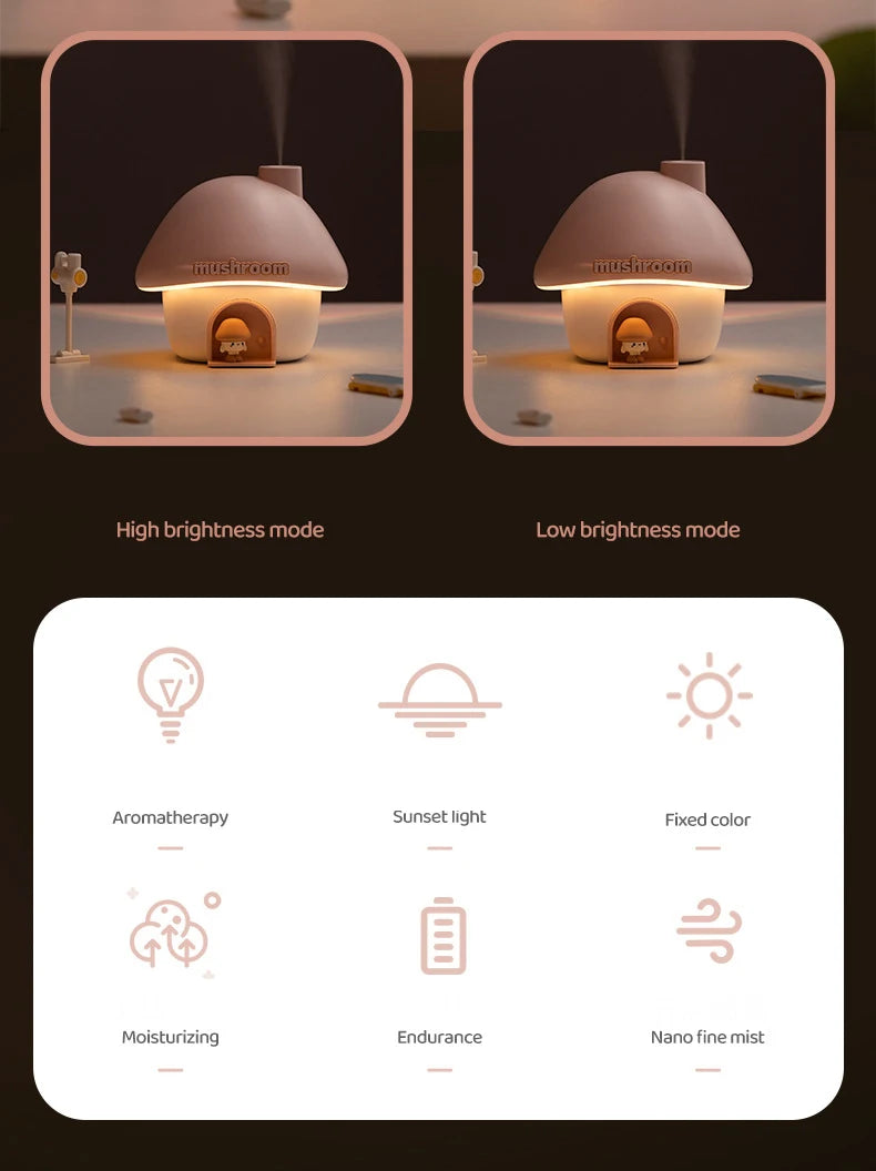 Cute Mushroom House Humidifier with LED Night Light