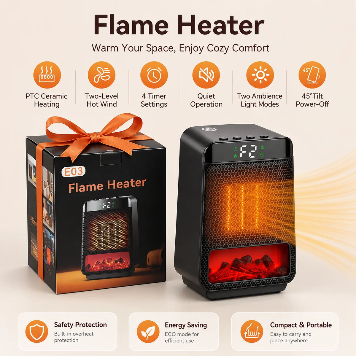 Portable Electric Space Heater with Ambient Flame Light