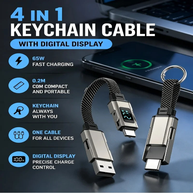 4-in-1 Fast Charging Keychain Cable with Digital Display - 1
