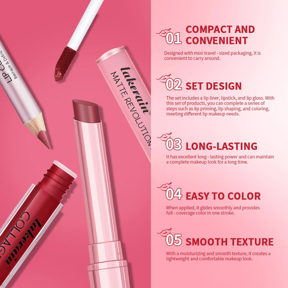 3-in-1 Waterproof Lip Liner, Lipstick, and Gloss Makeup Kit