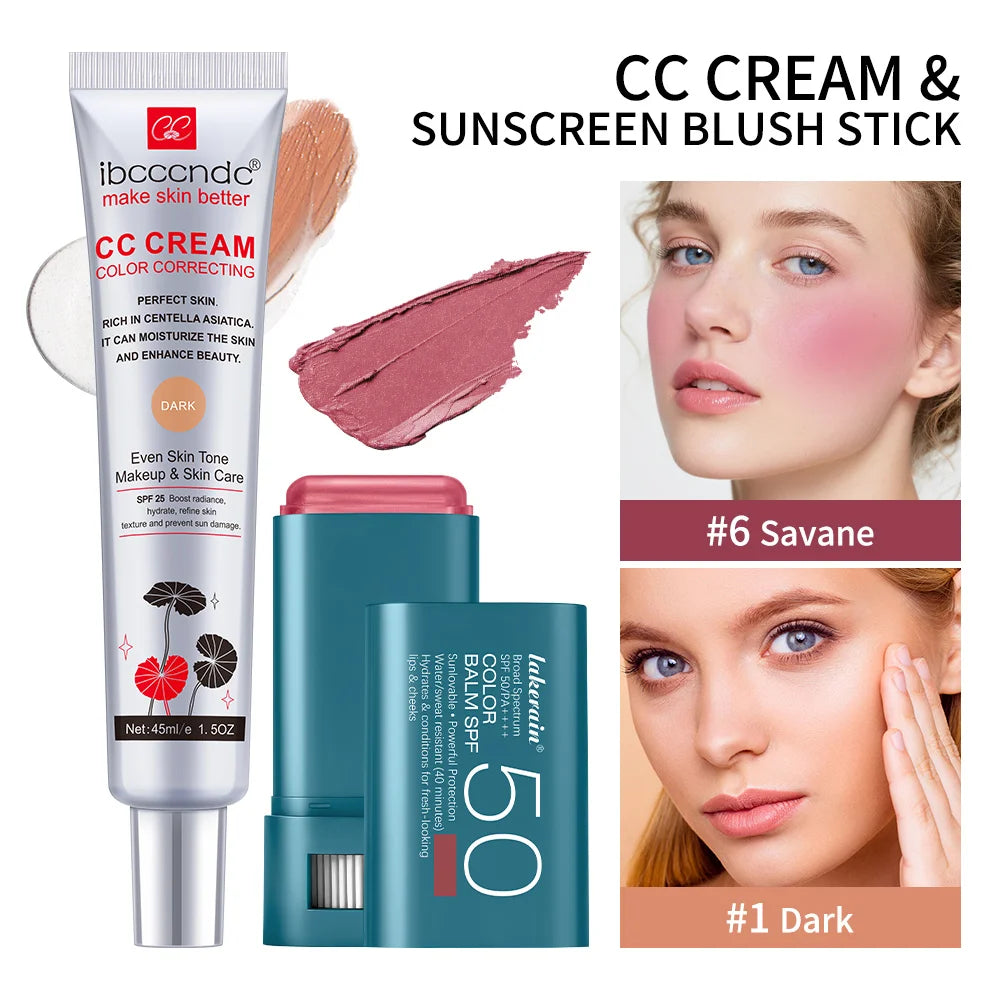 Color Correcting CC Cream and Sunscreen Blush Stick Set