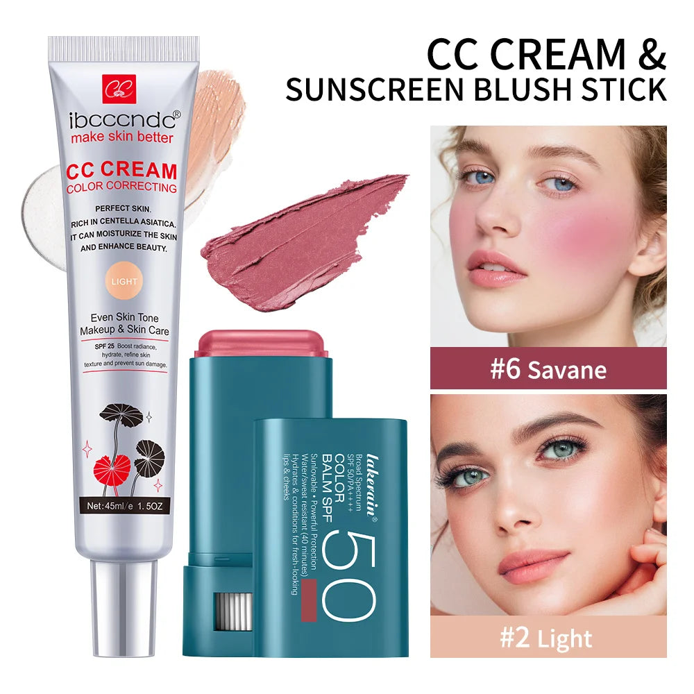 Color Correcting CC Cream and Sunscreen Blush Stick Set