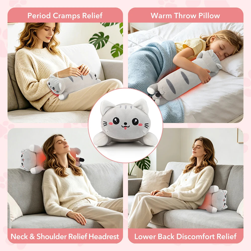 USB Heated Cat Plush Pillow for Period Cramps and Pain Relief - 6