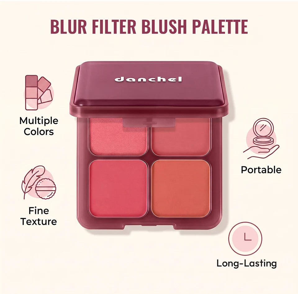 4-Color Matte Pigmented Blush Palette with Makeup Brush