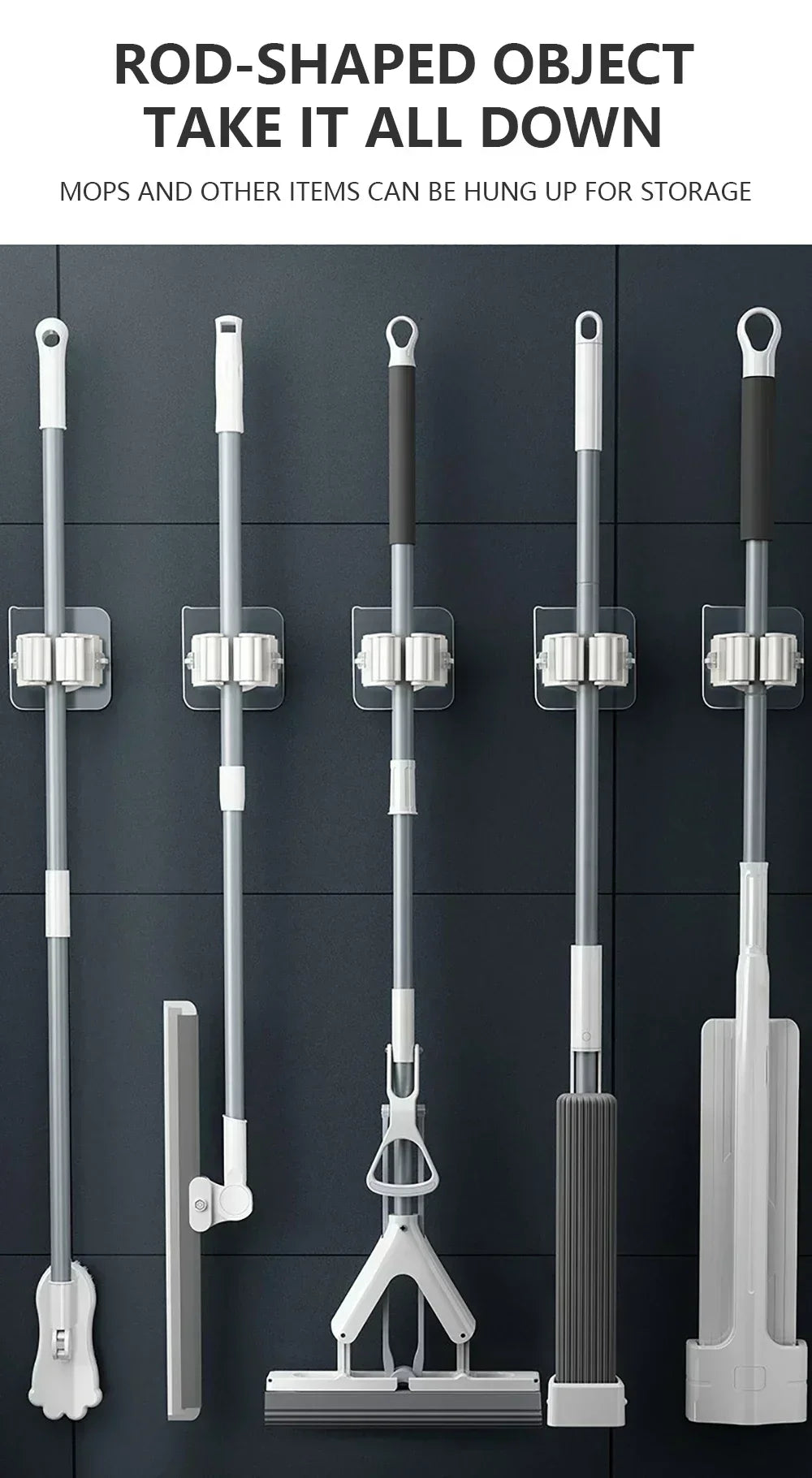 Wall Mounted Adhesive Mop and Broom Organizer Holder - 9