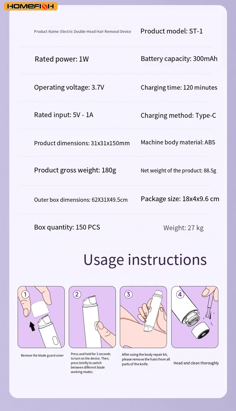 2-in-1 Painless Electric Razor and Hair Remover for Women
