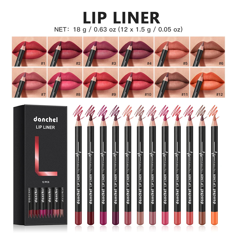 Professional 12-Color Waterproof Lip Liner Pencil Set