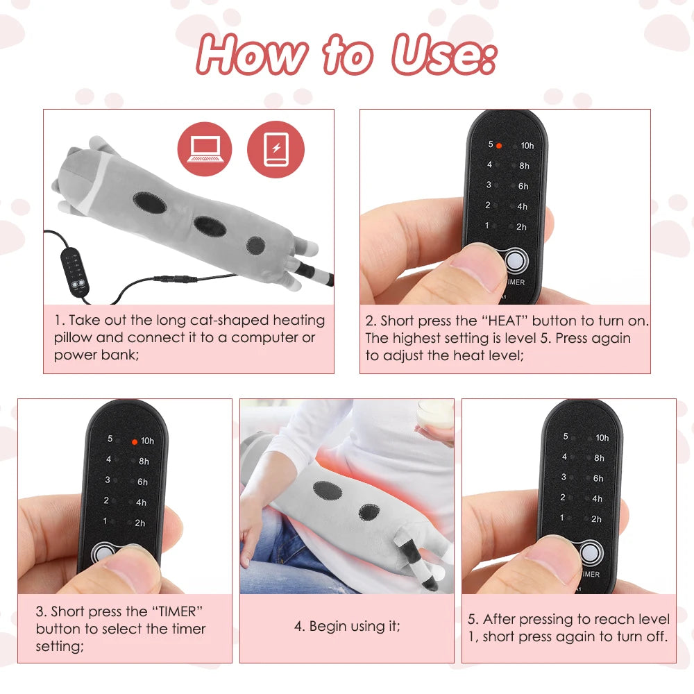 USB Heated Cat Plush Pillow with 5 Heat Settings and Timer