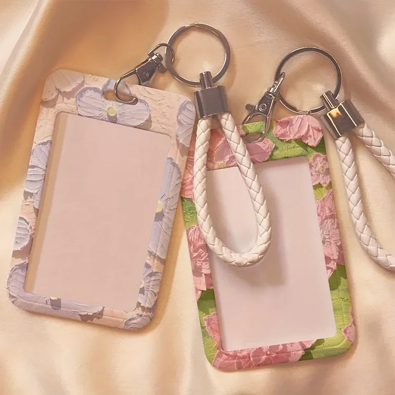 Floral Pattern ID Card Holder with Keychain