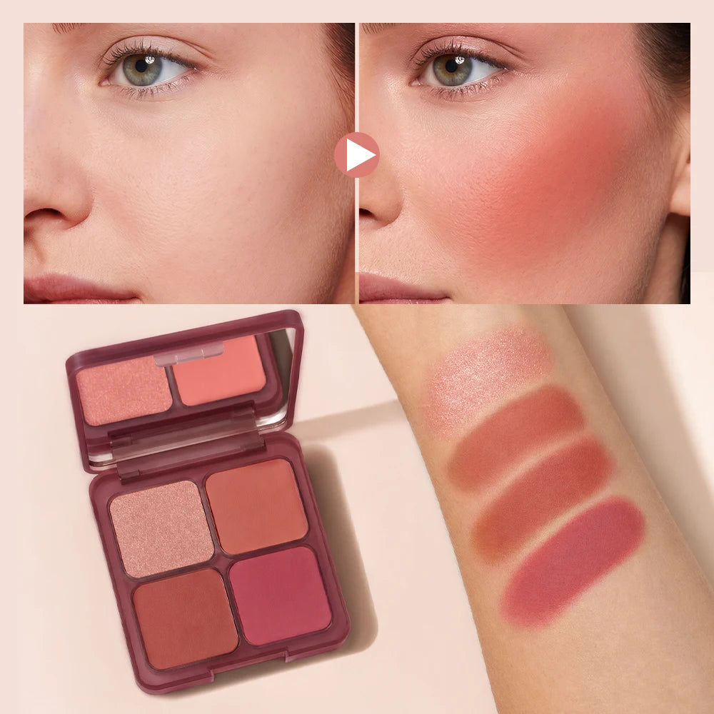 4-Color Matte Pigmented Blush Palette with Makeup Brush - 6
