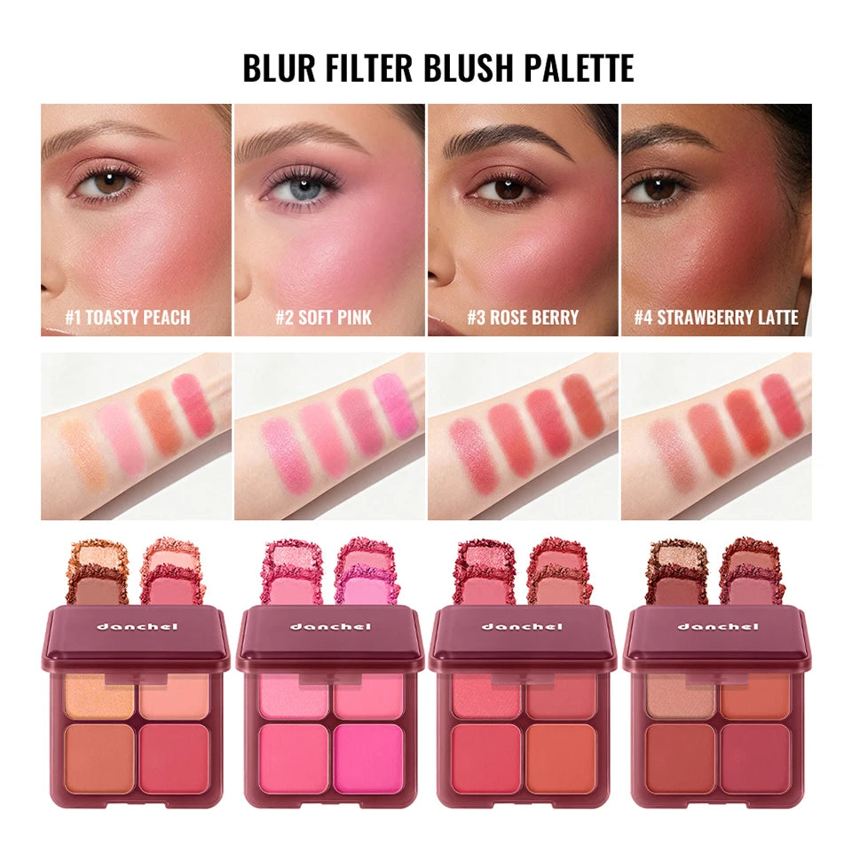4-Color Matte Pigmented Blush Palette with Makeup Brush - 8