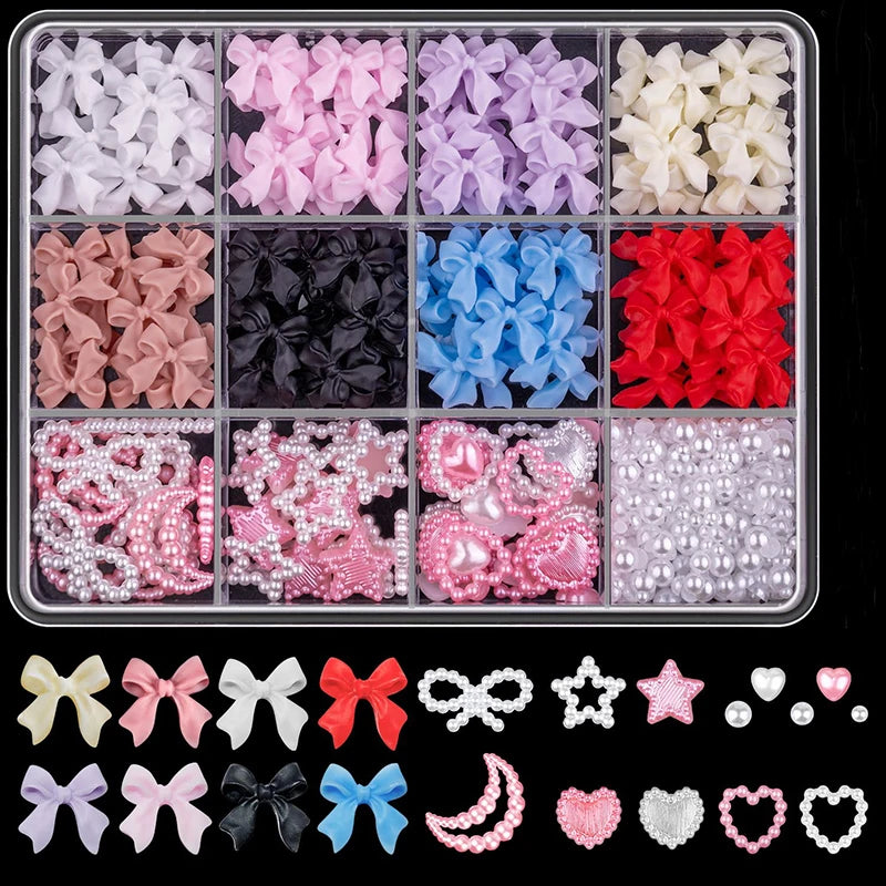 3D Nail Art Decoration Set with Bows, Flowers, and Pearls