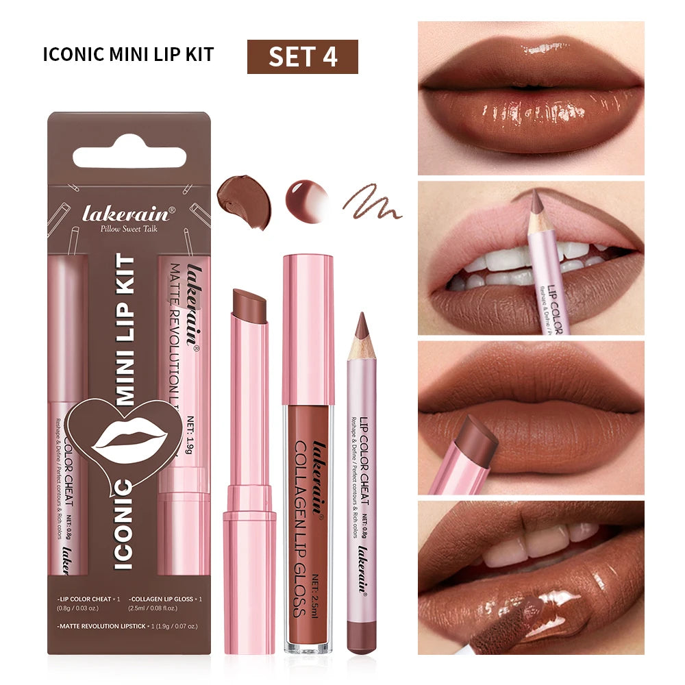 3-in-1 Waterproof Lip Liner, Lipstick, and Gloss Makeup Kit - 22