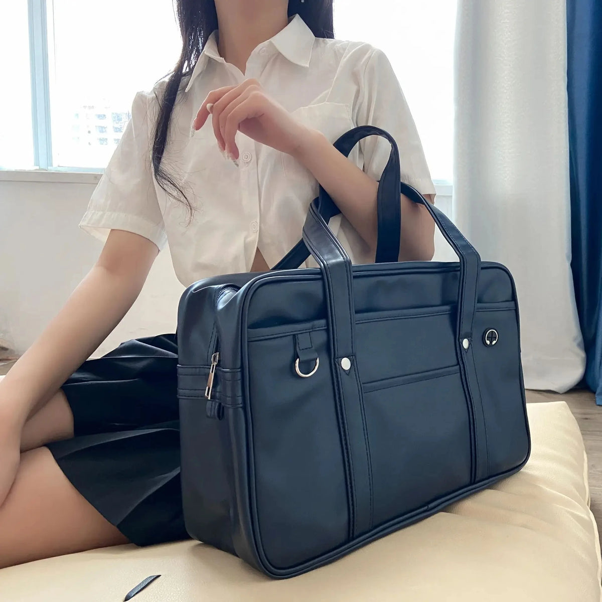 Japanese Style PU Leather Student Tote Bag for School and Daily Use