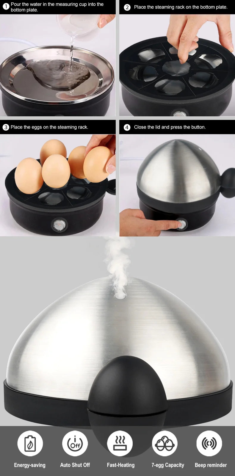 Electric Egg Boiler and Steamer for Perfectly Cooked Eggs