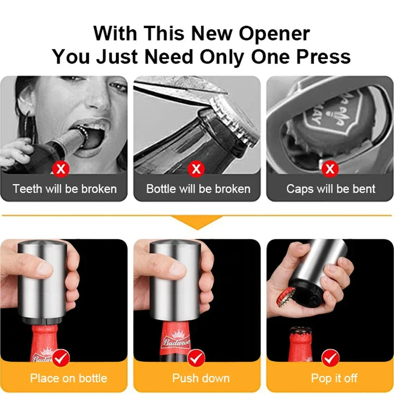 Automatic Stainless Steel Push-Down Beer Bottle Opener - 5