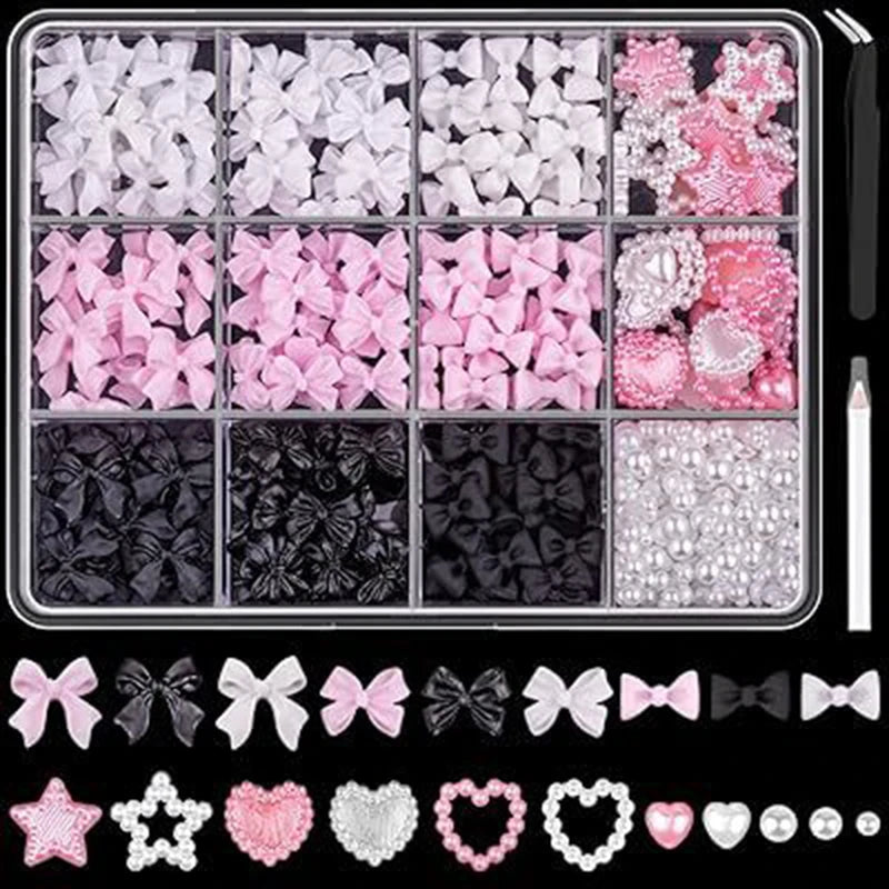 3D Nail Art Decoration Set with Bows, Flowers, and Pearls