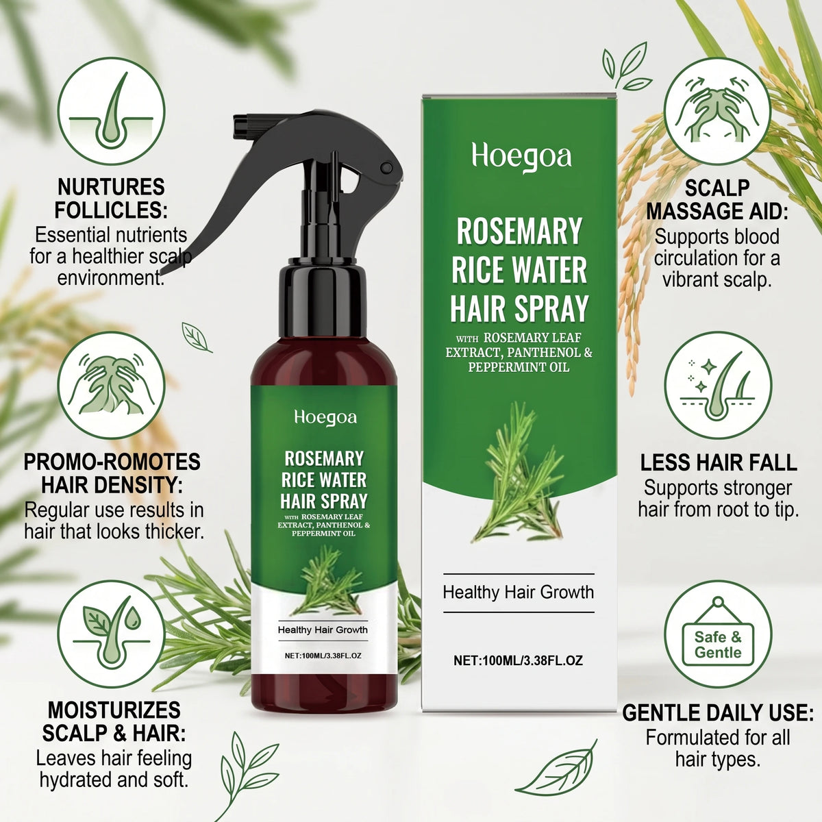 Rosemary Rice Water Hair Spray for Damaged Frizzy Hair