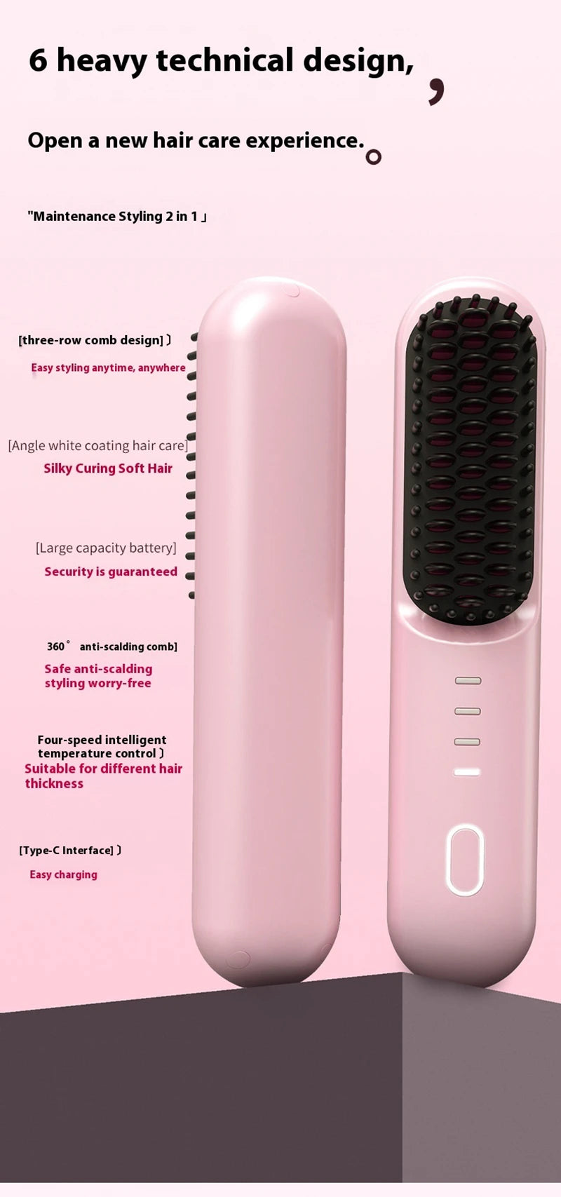 Fast-Heating Cordless Ionic Hair Straightener Brush