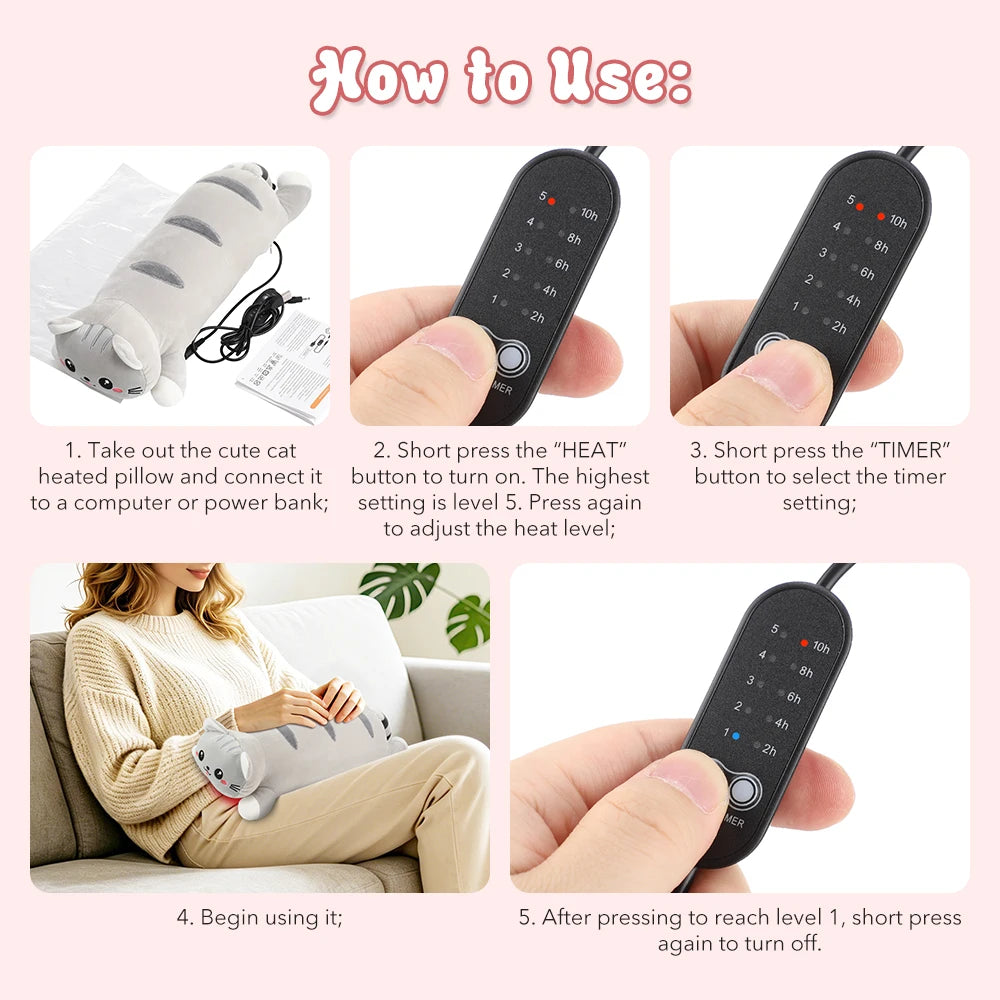 USB Heated Cat Plush Pillow for Period Cramps and Pain Relief - 13