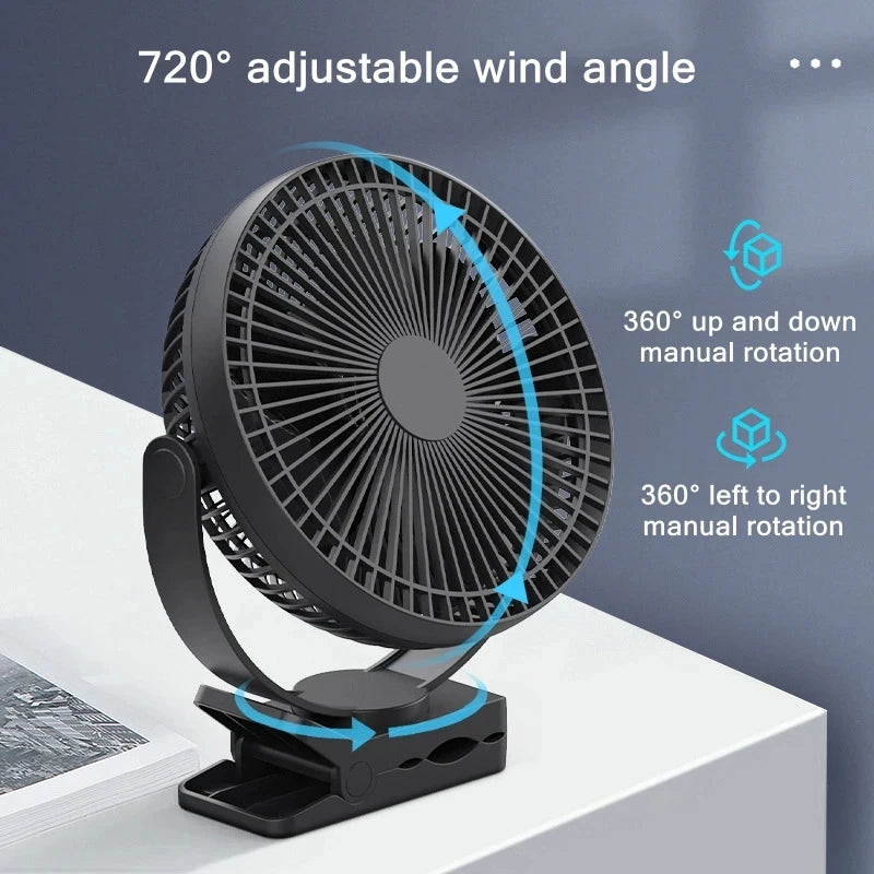 Portable Rechargeable Clip-On Desk Fan with 10000mAh Battery