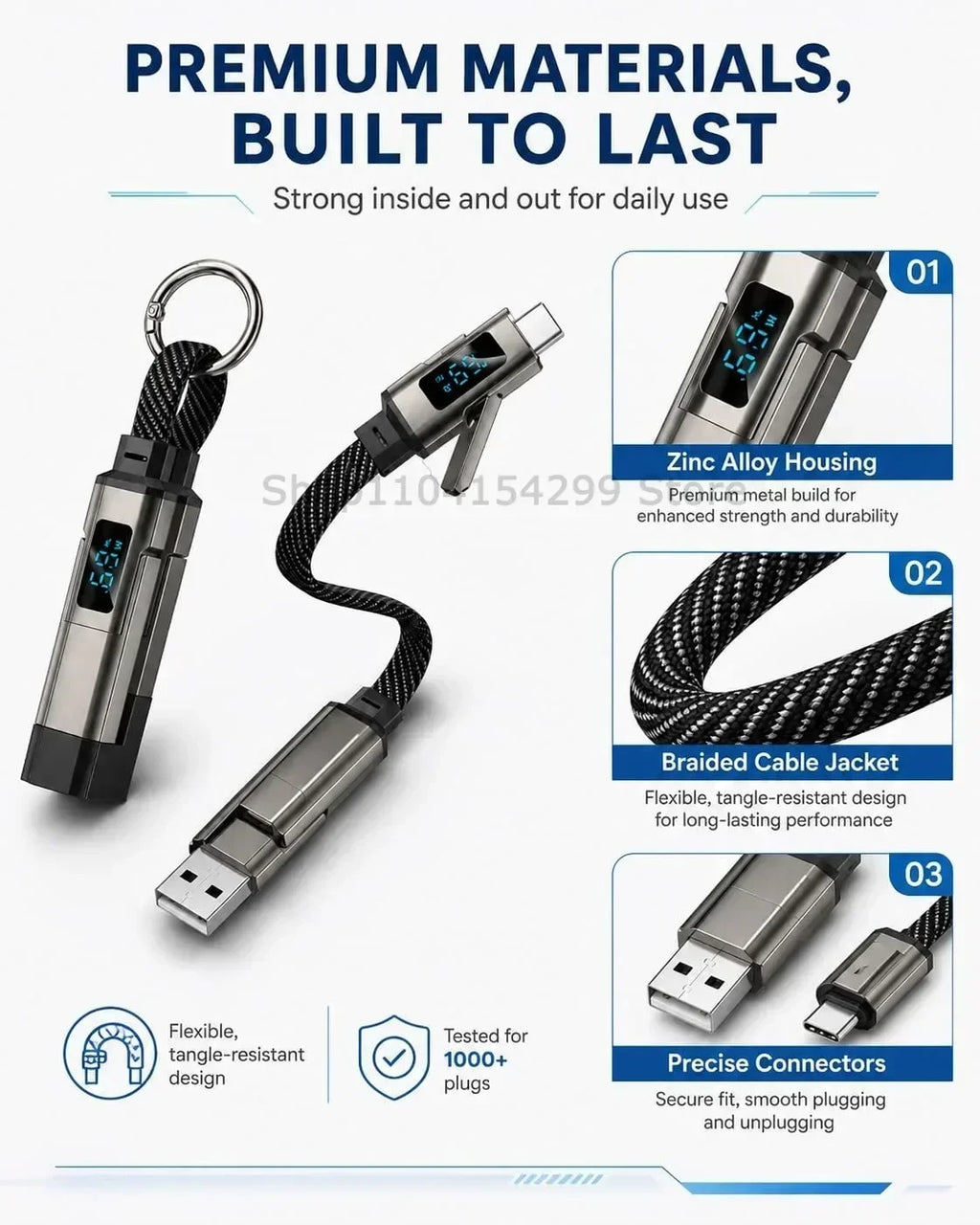 4-in-1 Fast Charging Keychain Cable with Digital Display