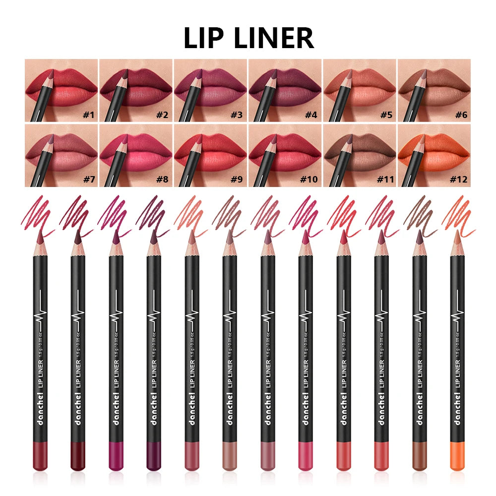 Professional 12-Color Waterproof Lip Liner Pencil Set