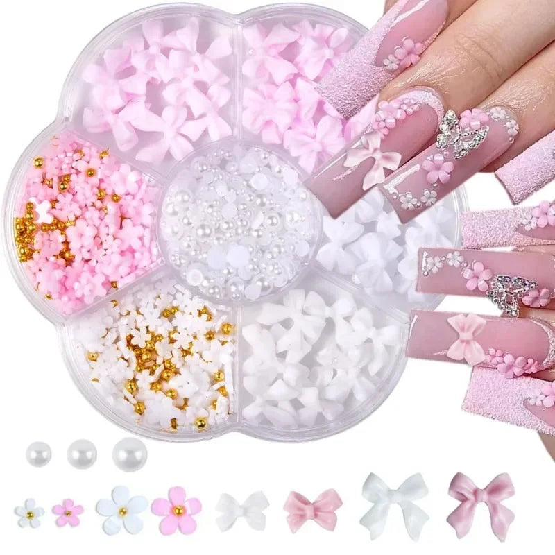 3D Nail Art Decoration Set with Bows, Flowers, and Pearls