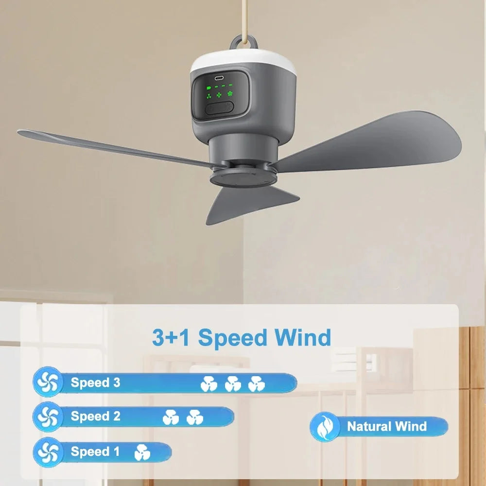 Portable Rechargeable Ceiling Fan with LED Light for Camping