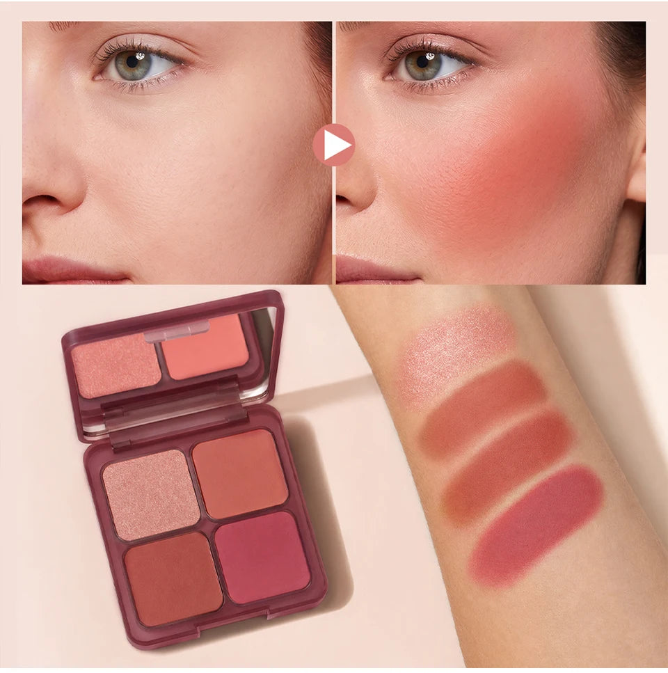 4-Color Matte Pigmented Blush Palette with Makeup Brush