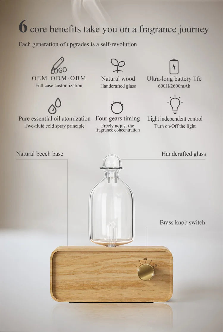 Waterless Wood and Glass Essential Oil Aromatherapy Diffuser