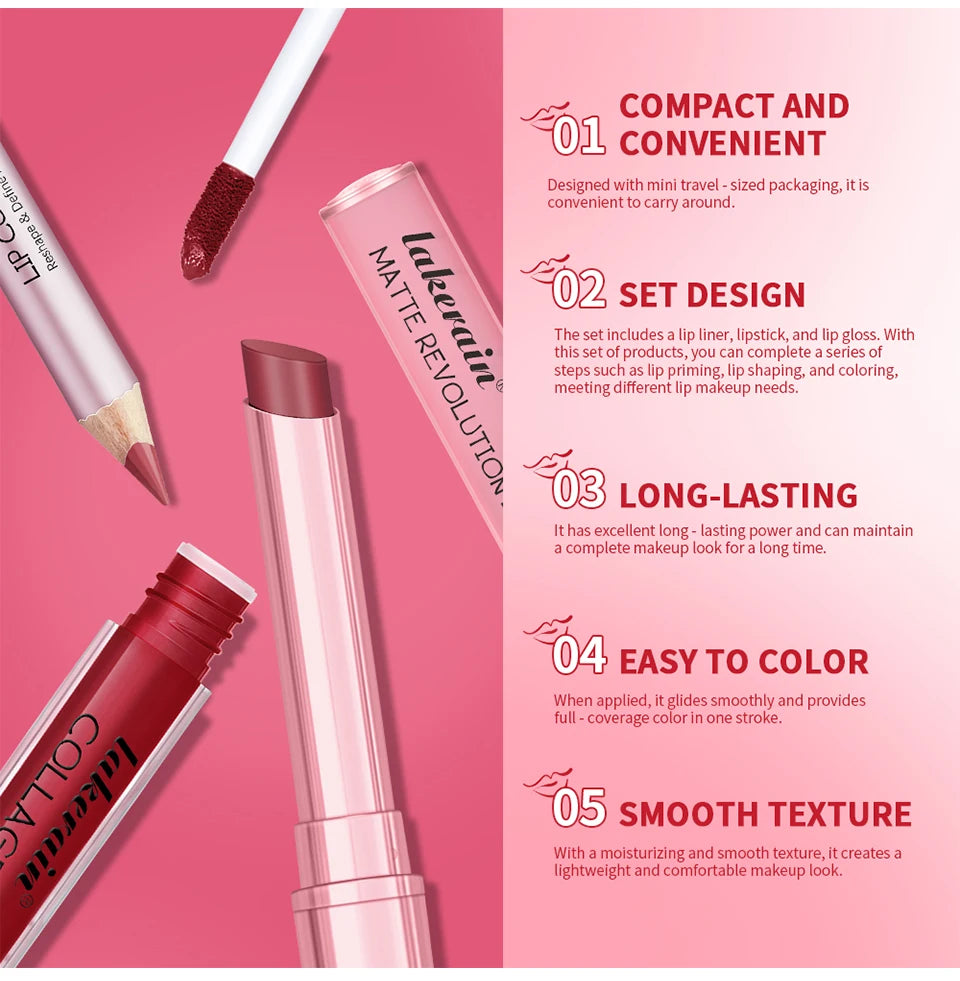 3-Piece Waterproof Matte Lip Makeup Set