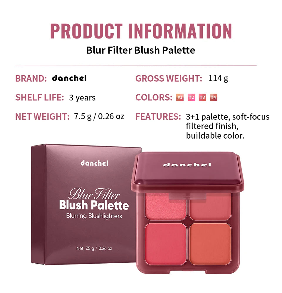 4-Color Matte Pigmented Blush Palette with Makeup Brush