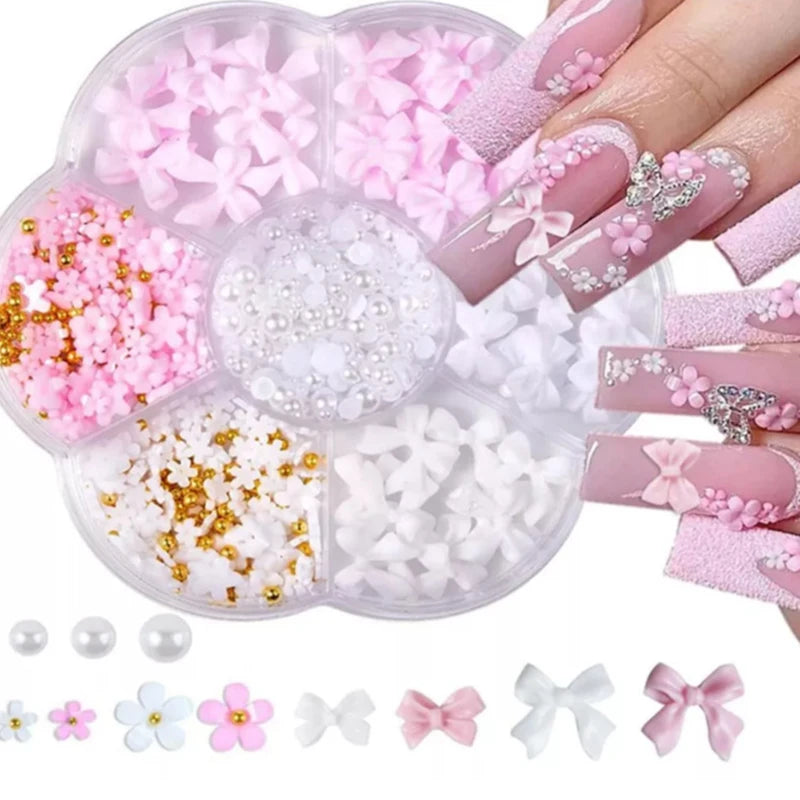 3D Nail Art Decoration Set with Bows, Flowers, and Pearls