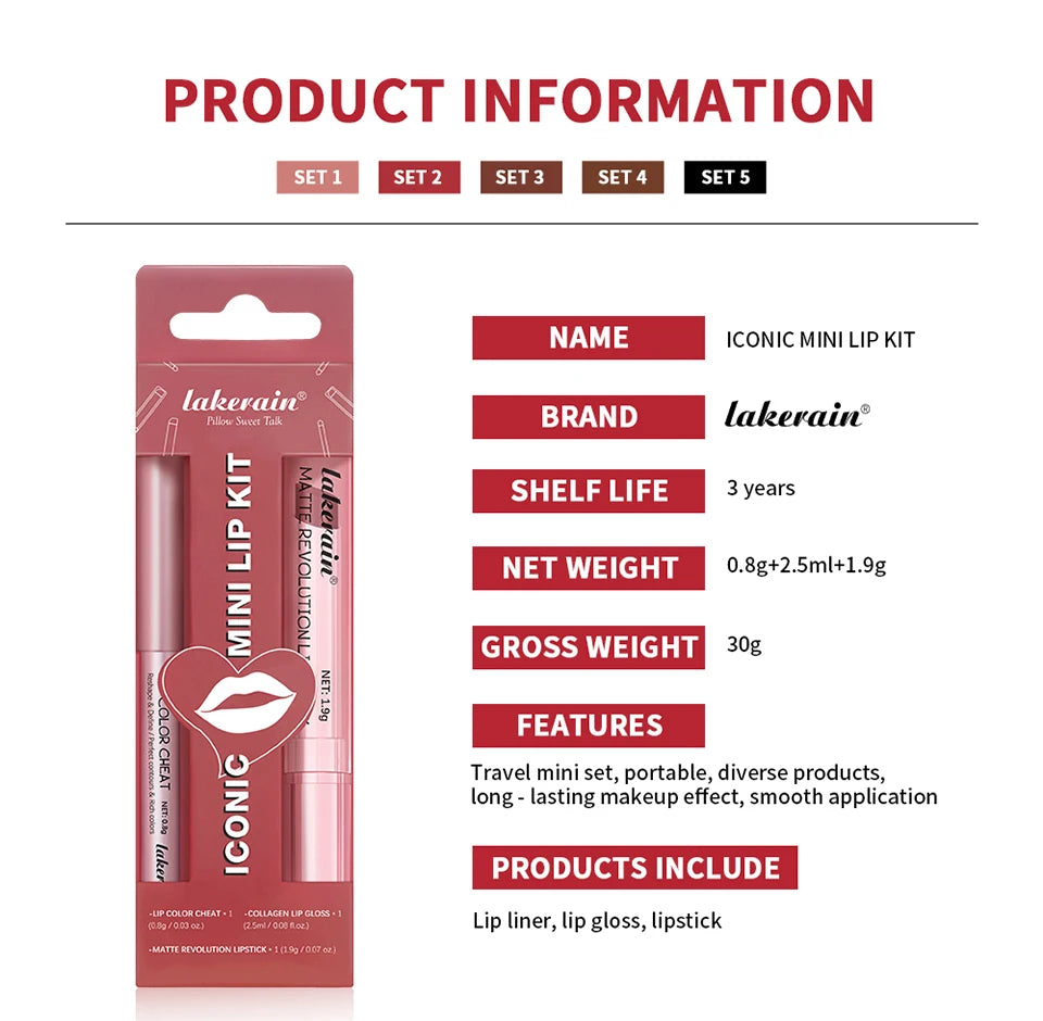 3-Piece Waterproof Matte Lip Makeup Set - 16