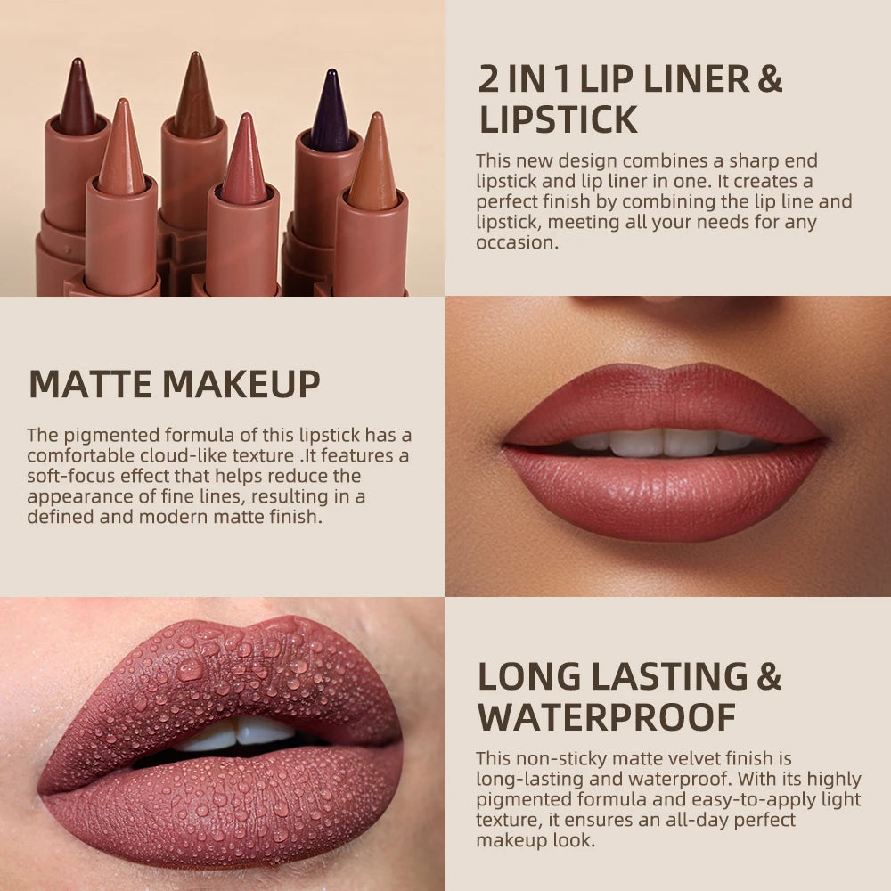 2-in-1 Waterproof Matte Lip Liner and Lipstick Crayon - 3