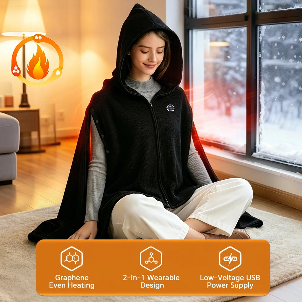 USB Heated Hooded Shawl Wearable Graphene Blanket