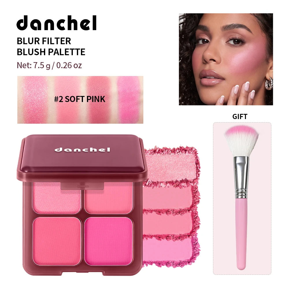 4-Color Matte Pigmented Blush Palette with Makeup Brush