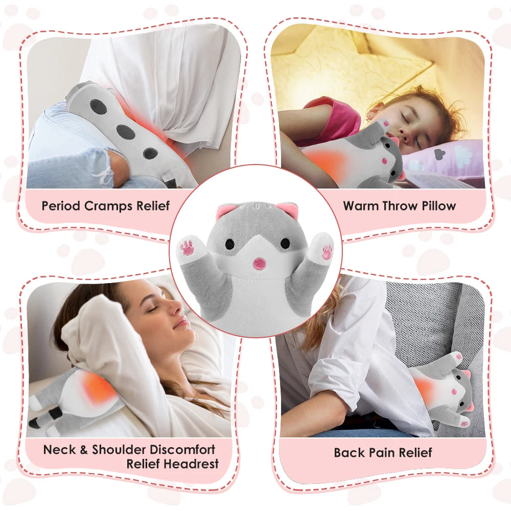 USB Heated Cat Plush Pillow with 5 Heat Settings and Timer