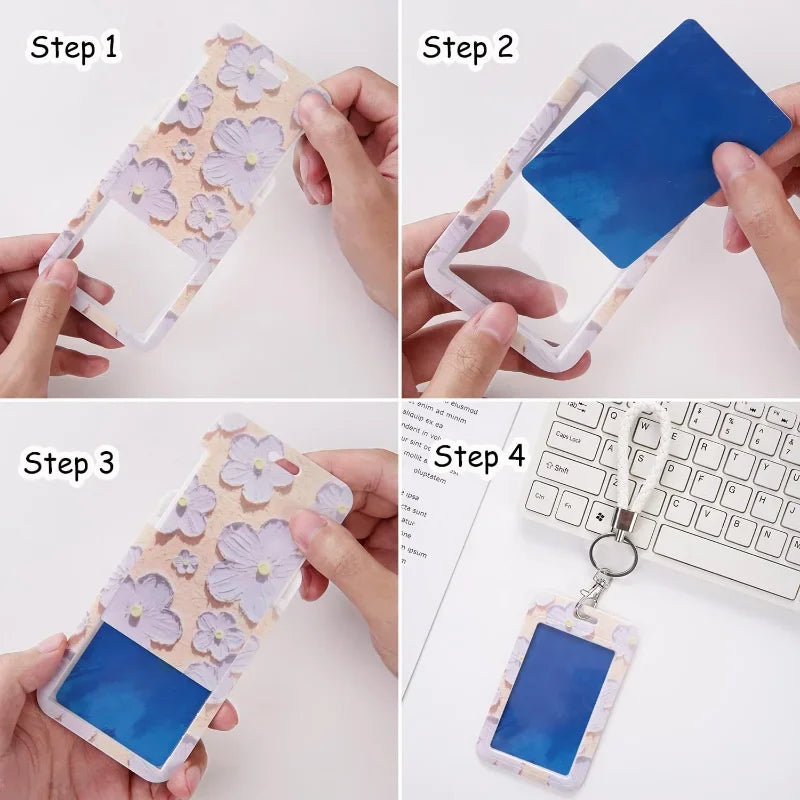 Floral Pattern ID Card Holder with Keychain - 5