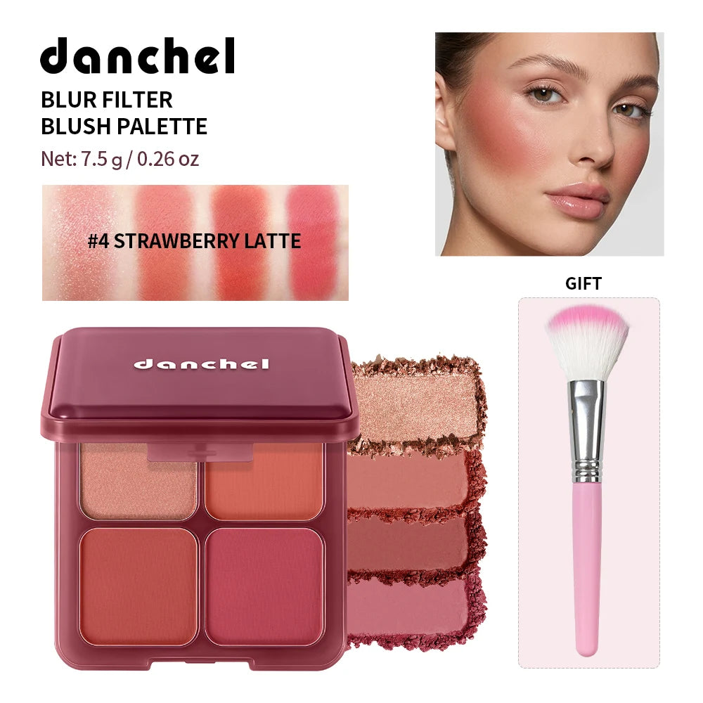 4-Color Matte Pigmented Blush Palette with Makeup Brush - 20