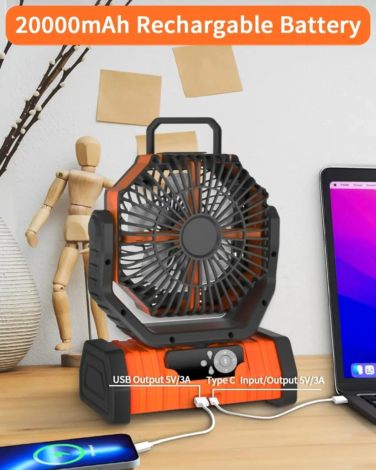 Portable LED Camping Fan with 20000mAh Battery and Remote - 17