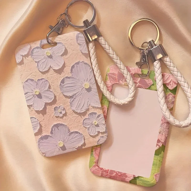 Floral Pattern ID Card Holder with Keychain - 1