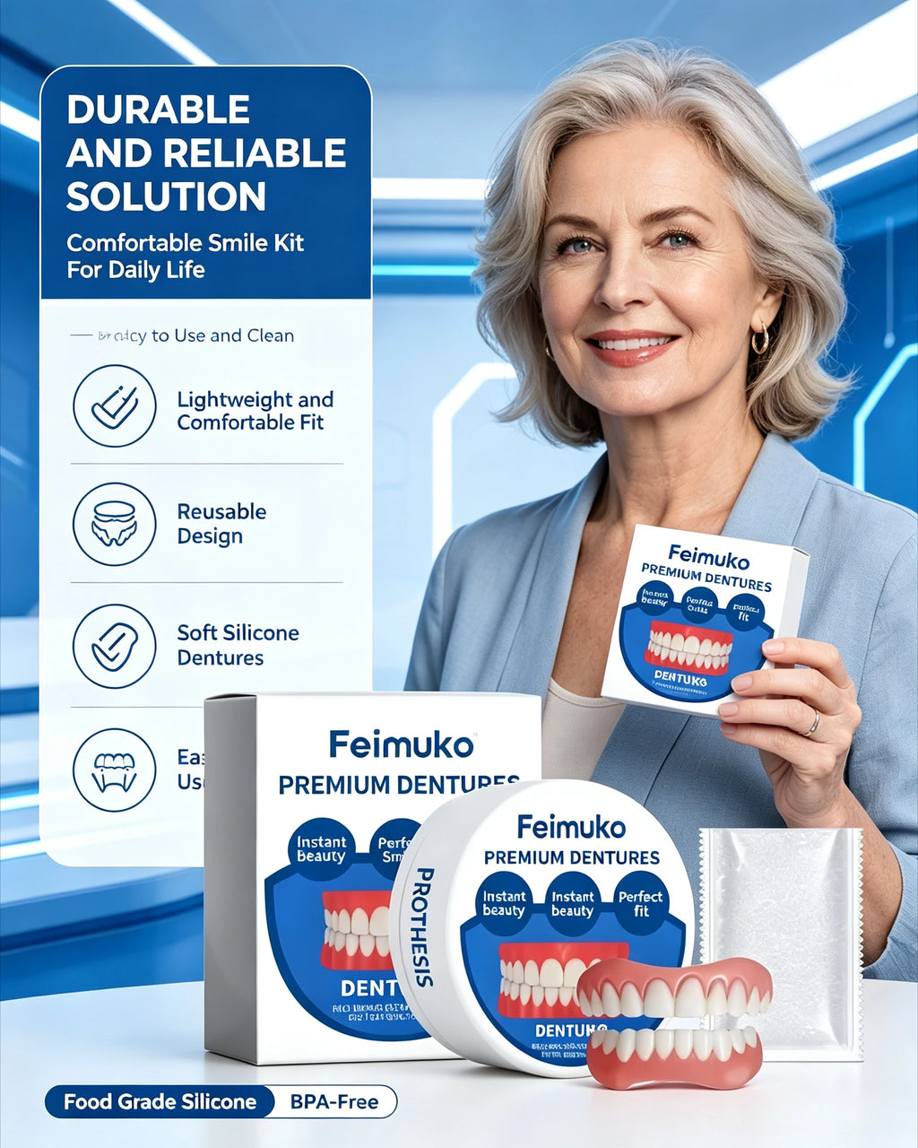 Instant Snap-On Silicone Cosmetic Dentures Set